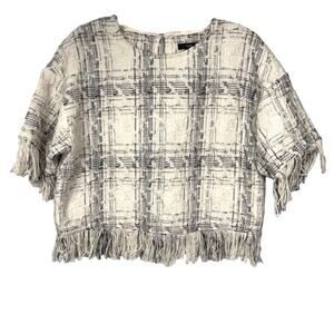 Fate Fringe Trim Textured Tweed Cropped Top Size Medium Cream Black Plaid Boxy